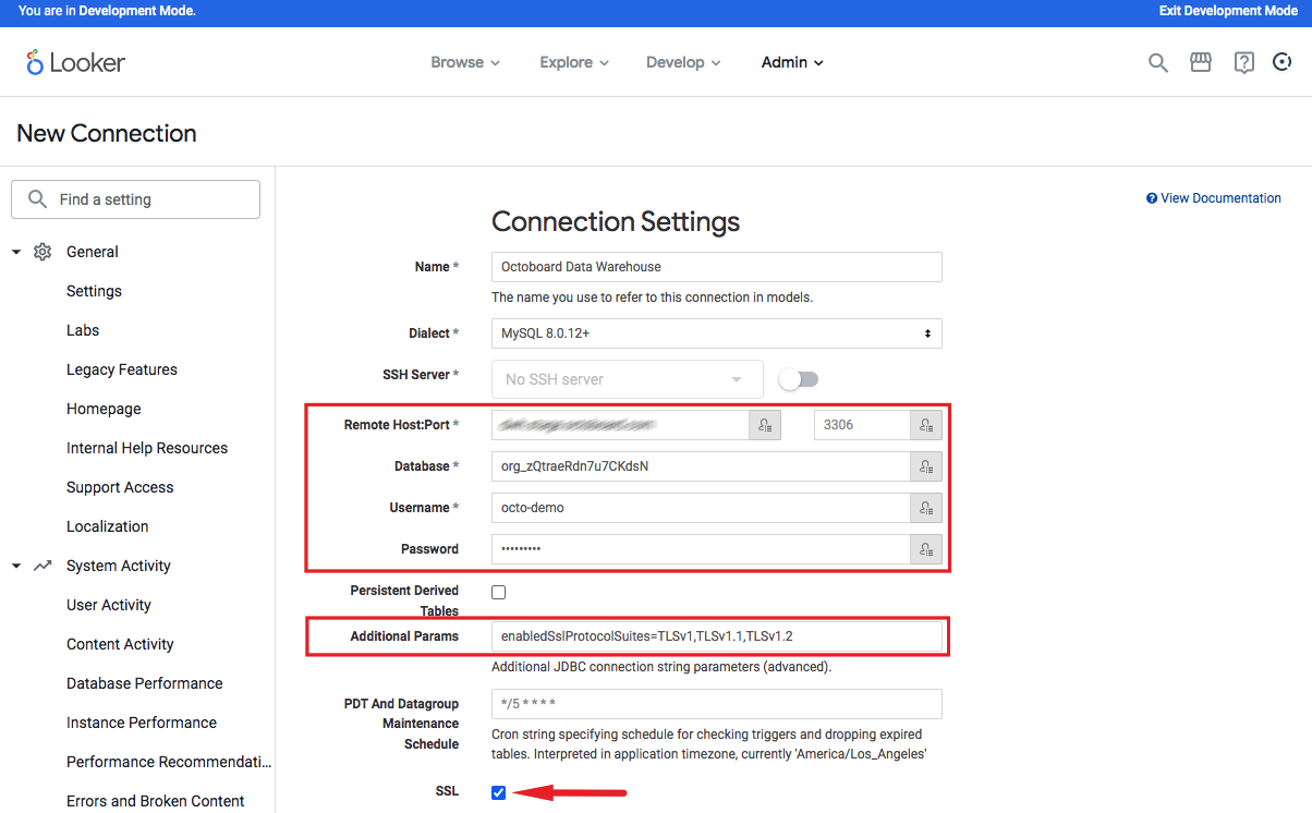 New connection panel in looker