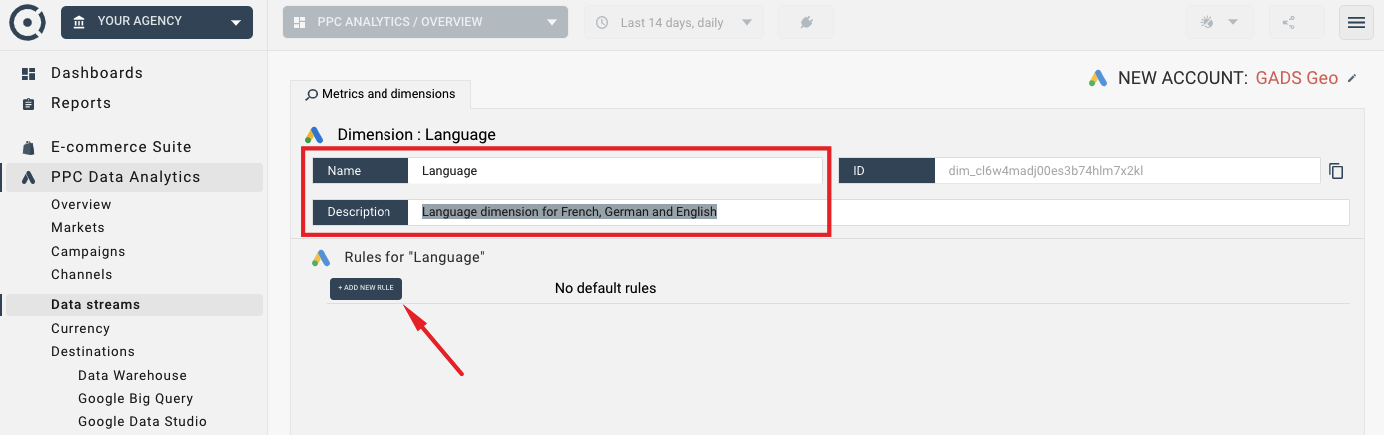 New language dimension settings