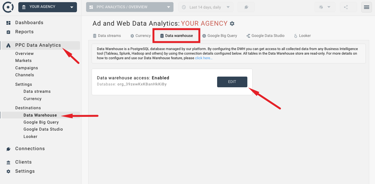 Octoboard data warehouse configuration panel