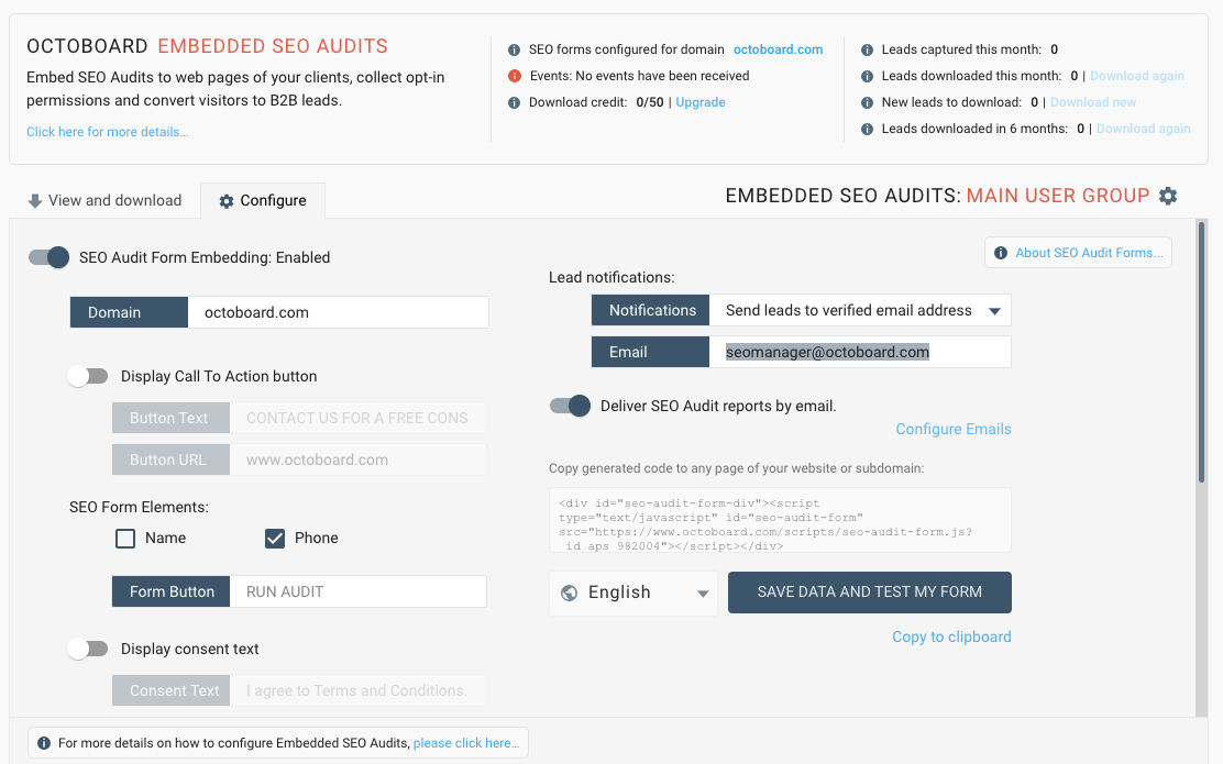 Octoboard embedded seo audit form configuration