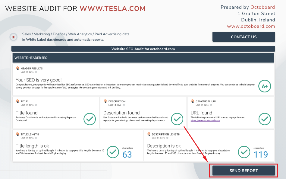 Octoboard embedded seo audit send report