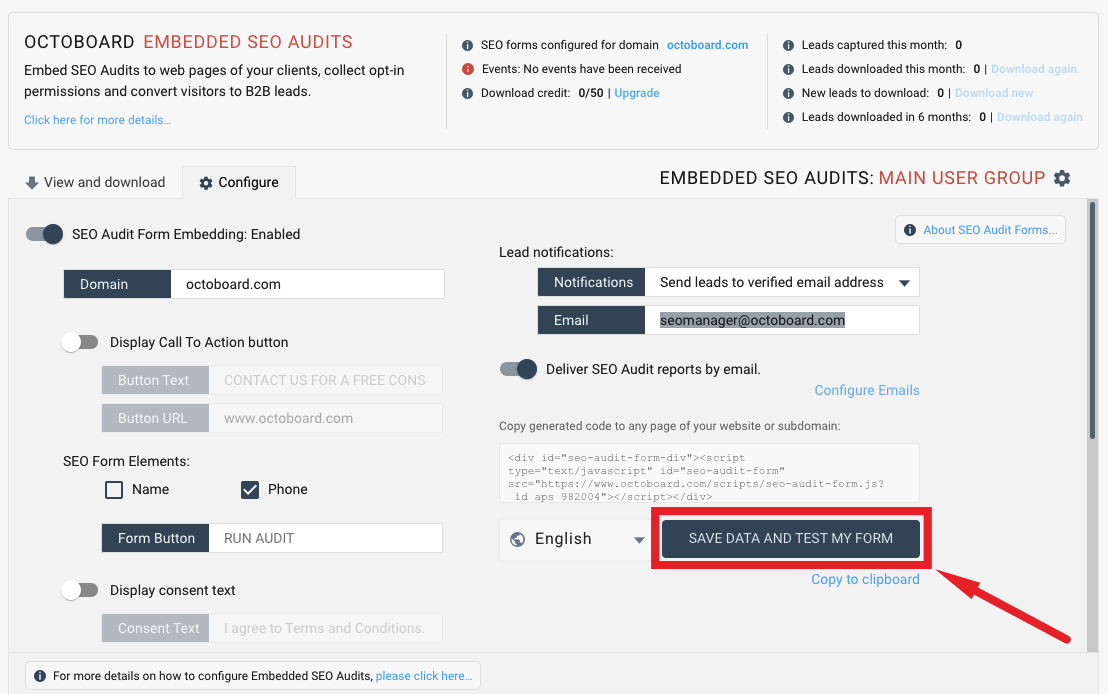 Octoboard embedded seo audit test button