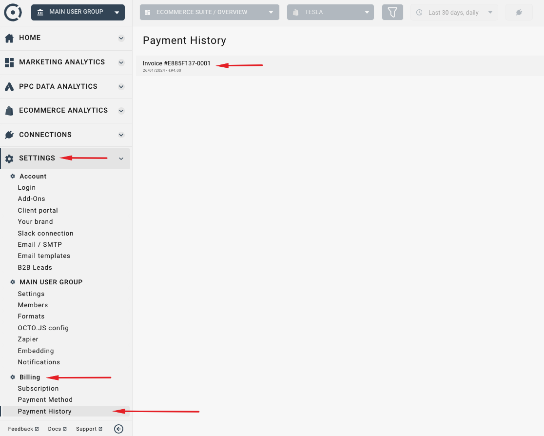 Payment history invoices