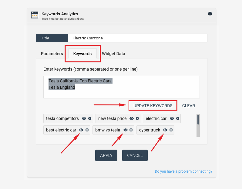 Rank tracker configuration tab keywords