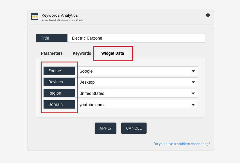 Rank tracker configuration tab widget data