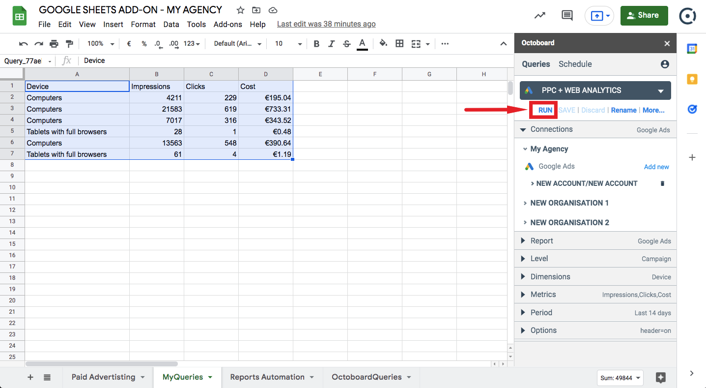 Run query button in google sheets add on