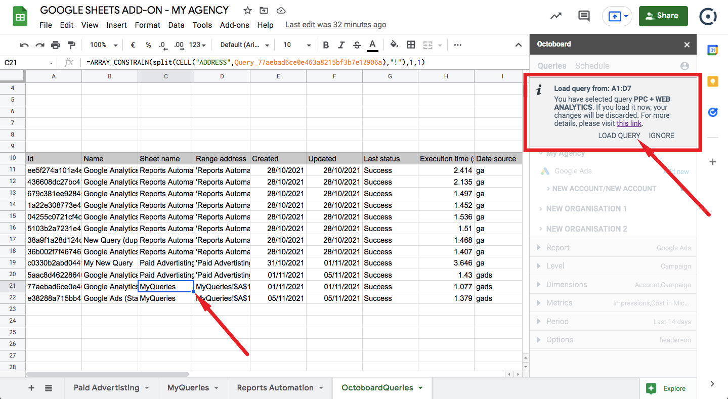 Selecting query in octoboard queries tab