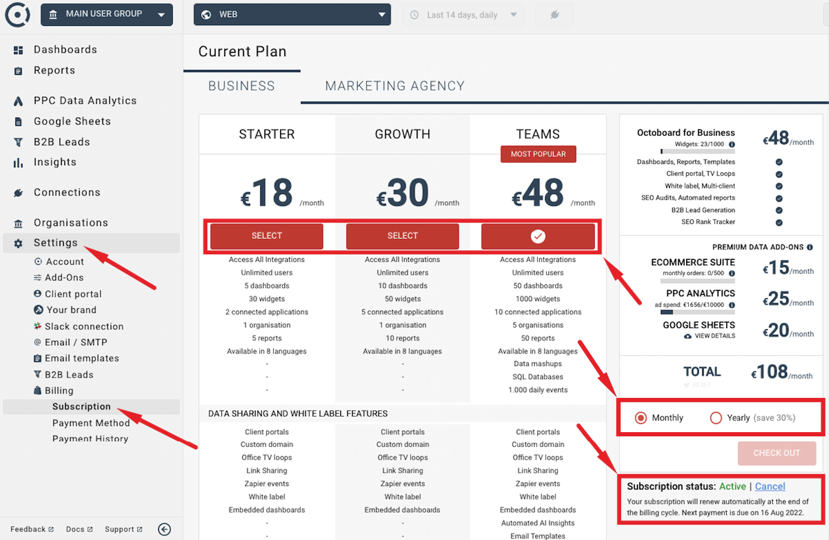 Subscription management panel