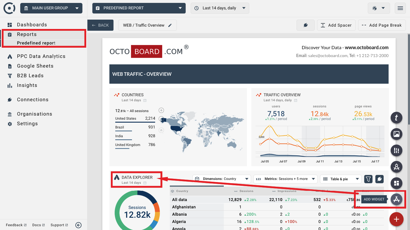 Use add widget option to add data explorer