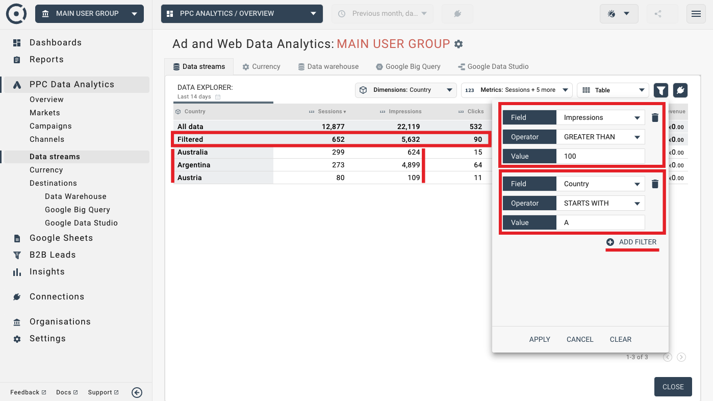 Using filters in data explorer