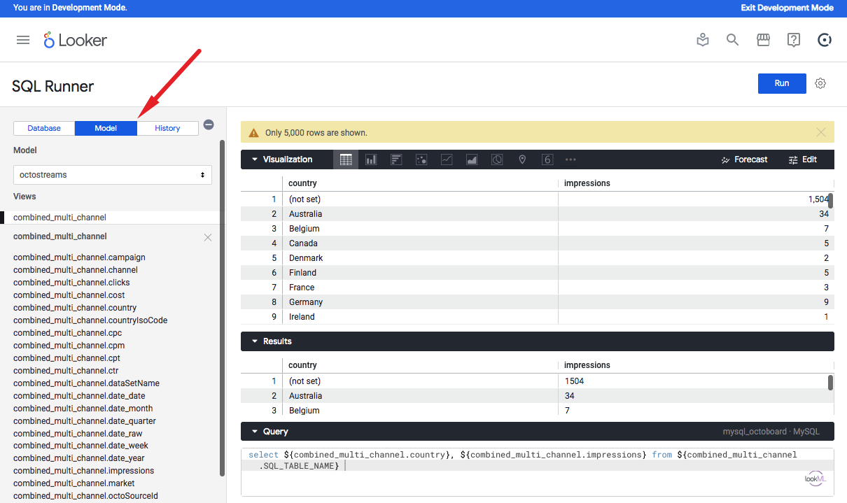 Using sqlrunner model builder in looker