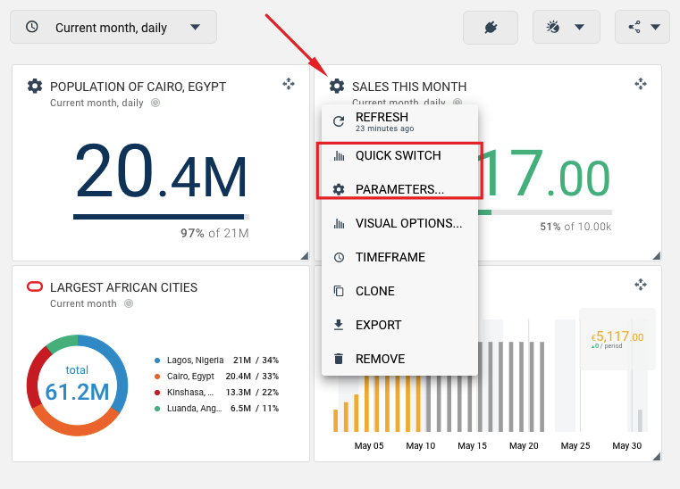 Widget parameters menu