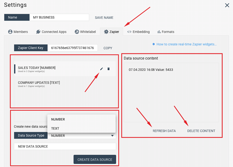 Zapier data sources configuration